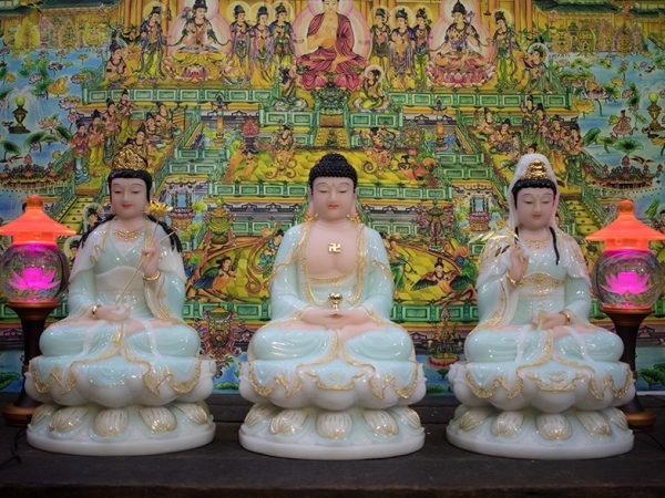 Tượng tây phương tam thánh bột đá xanh thiên thanh viền vàng