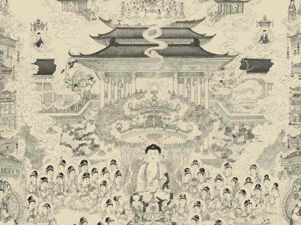 Tranh Liên Trì Hải Hội In Lụa Trắng Đen bảng ngang