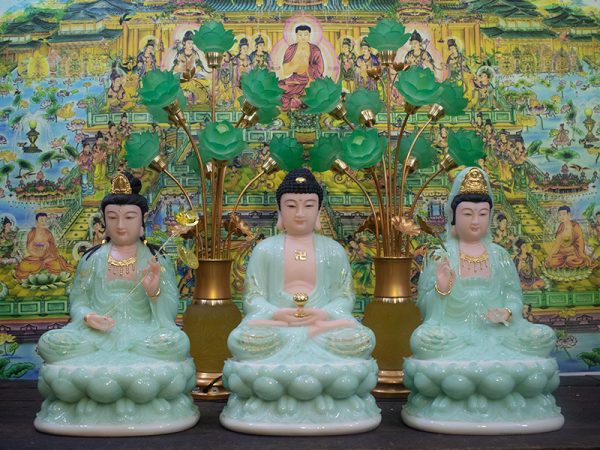 Tượng Tây Phương Tam Thánh Phật đá xanh thiên thanh 40cm