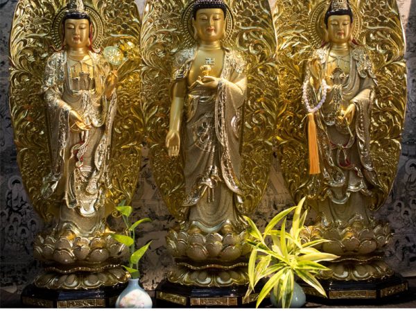 Tượng Tây Phương Tam Thánh Đứng Bằng Composite Mạ Cát