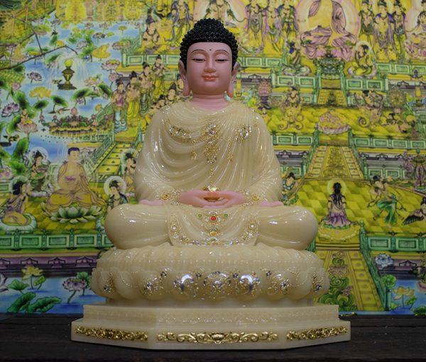 Tượng Phật Bổn Sư Thích Ca bột đá thạch anh viền vàng đế 8 cạnh