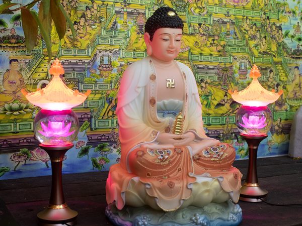 Tượng Phật Dược Sư lưu ly bột đá khoáng hoa văn điểm nổi