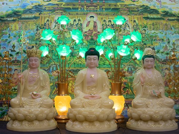 Mẫu Tượng Ta Bà Tam Thánh bột đá thạch anh viền vàng 48cm