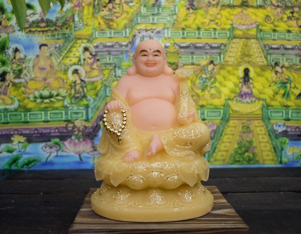 Tượng Phật Di Lặc ngồi bằng bột đá thạch anh viền vàng 26cm
