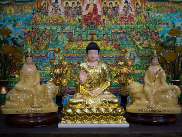 Bộ Tượng Hoa Nghiêm Tam Thánh thạch anh dát vàng