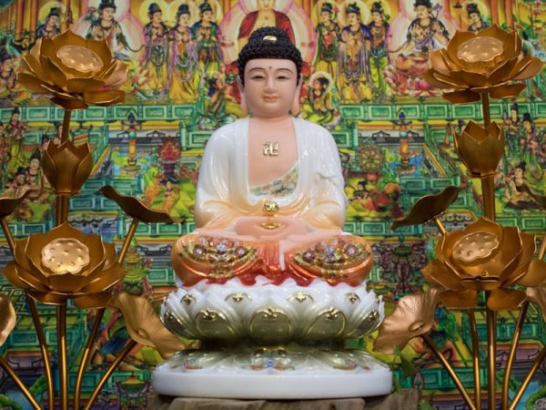 Tượng A Di Đà Phật y áo vẽ hoa văn gấm viền vàng 40cm