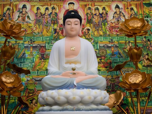 Tượng Phật A Di Đà đá khoáng hoa văn vẽ màu khoáng 48cm