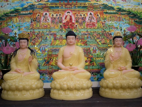 Tượng Tam Thánh Tây Phương đá thạch anh viền vàng 50cm